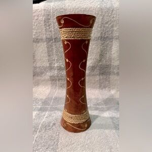 Brown Wooden Vase with Carved Accents & Rope Inlay